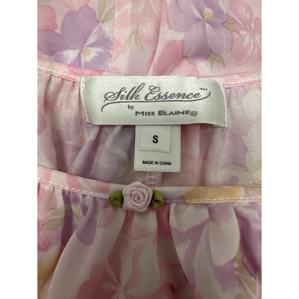 Miss Elaine Silk Essence Nightgown Sz Small Pink Floral Satin Flutter Sleeve
